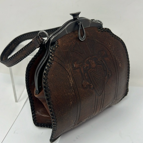Vintage 1920’s Hand Tooled Brown Leather Purse Metal Snap Frame Closure - Picture 1 of 16